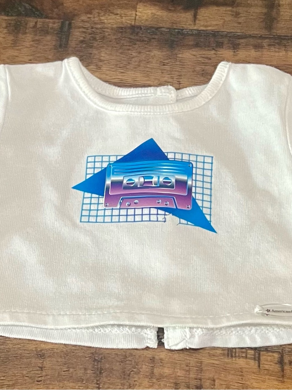 White American Girl Courtney Graphic Tee with Blue Cassette Design